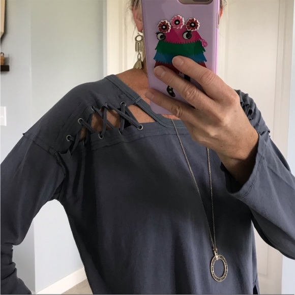 Blue Shoulder Lace Up Long Sleeve Top - Picture 3 of 6